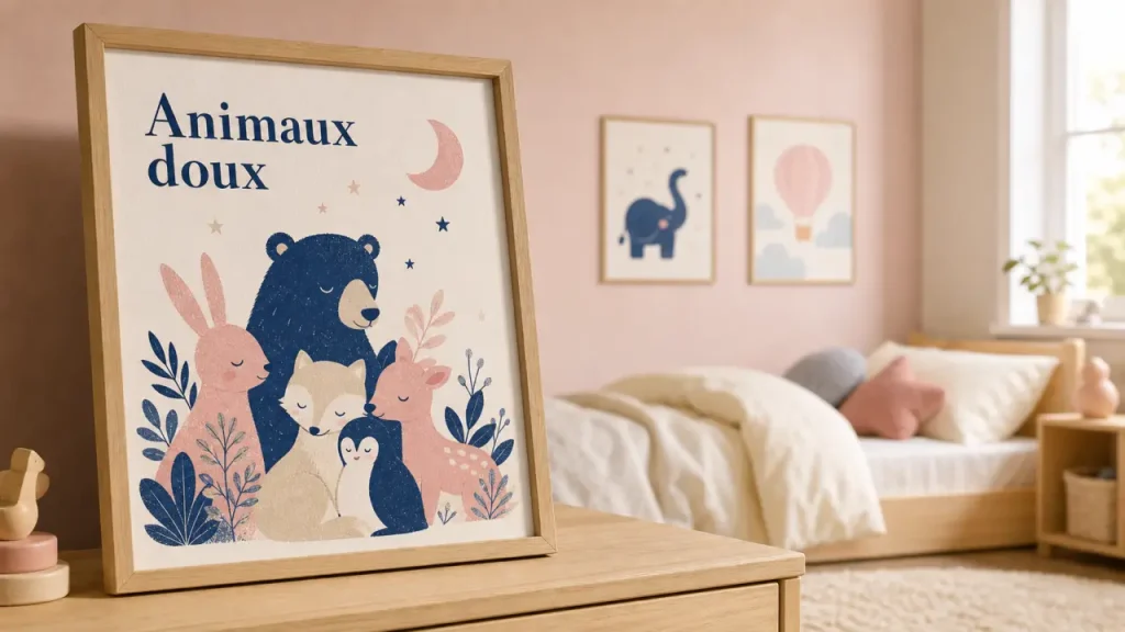 Affiche chambre enfant Animaux doux sur commode