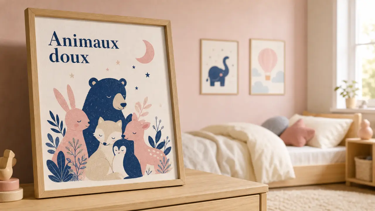 Affiche chambre enfant Animaux doux sur commode