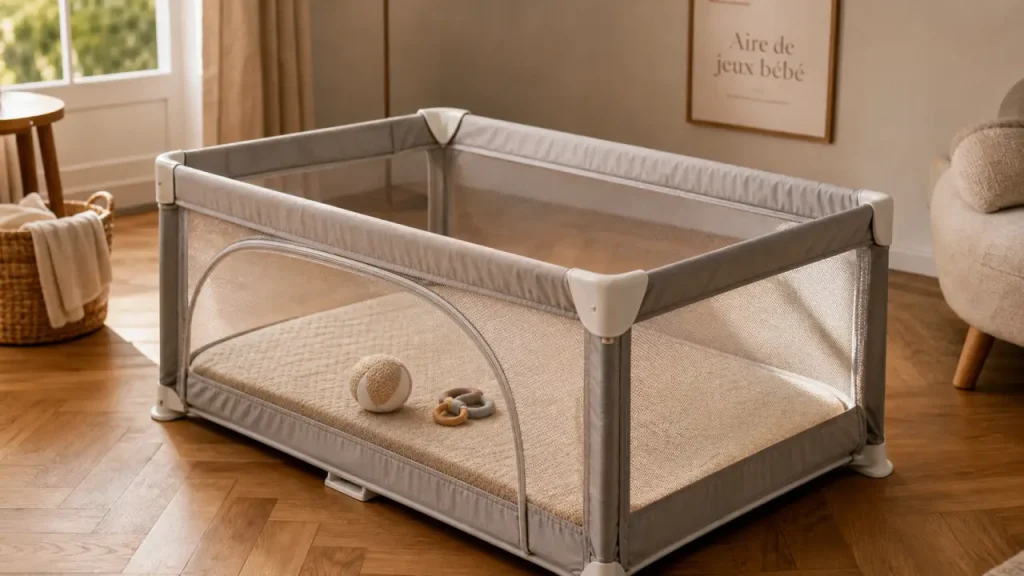 Air de jeux bebe : parc bébé pliant mesh gris clair, jouets sensoriels