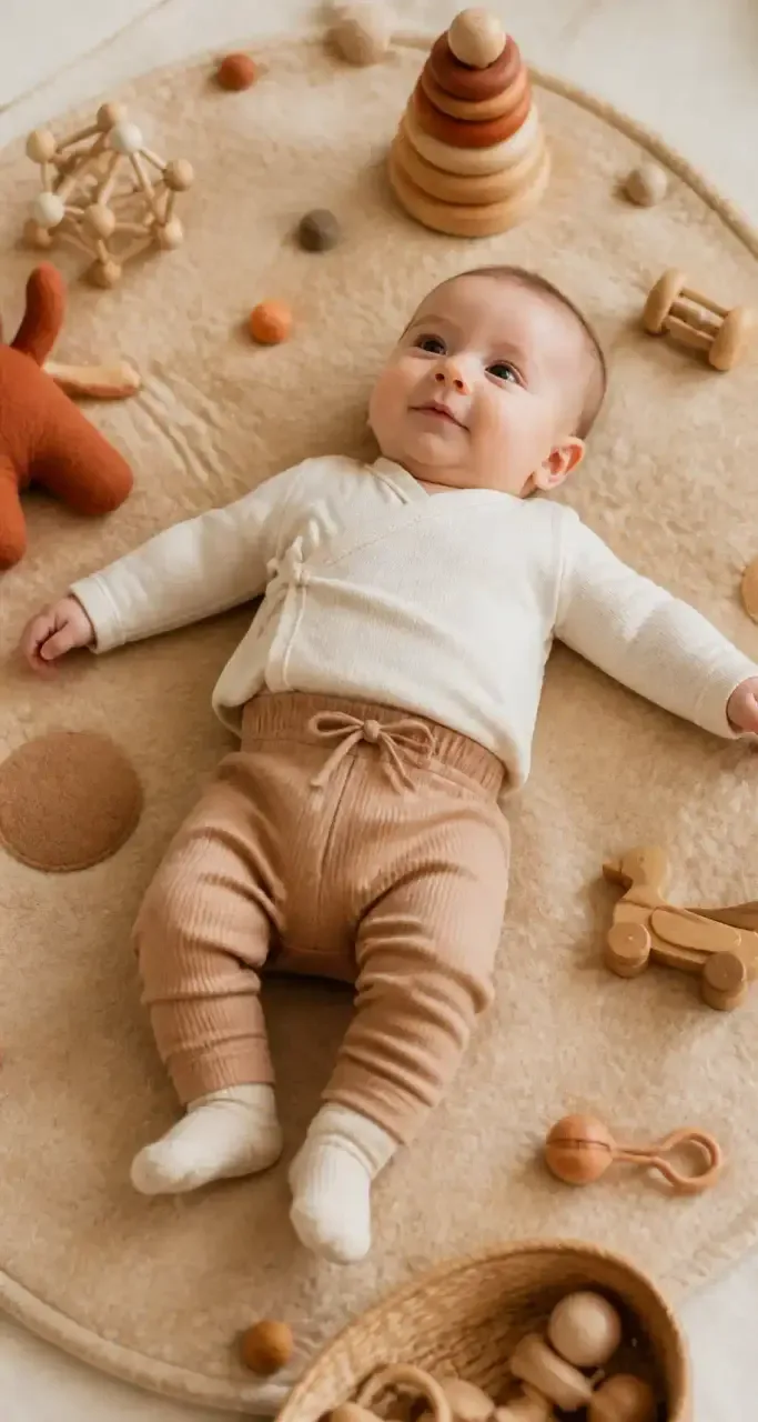 Bébé sur un tapis de jeu en laine naturelle entouré de jouets en bois durables