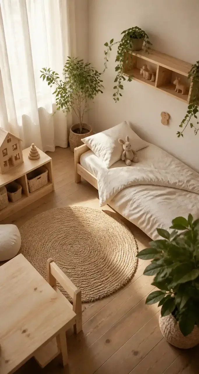 Chambre d'enfant naturelle aménagée en bois et coton biologique