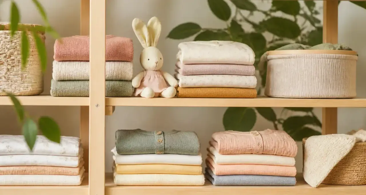 Collection de vêtements d'enfants en fibres naturelles rangés sur une étagère en bois