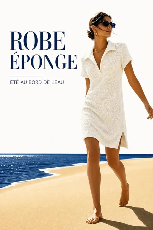 Robe eponge portée sur la plage dans une ambiance estivale éditoriale