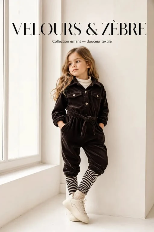 Ensemble de vêtements pour enfants de la marque Atelier Maniette, incluant un legging zèbre et une combinaison en velours.