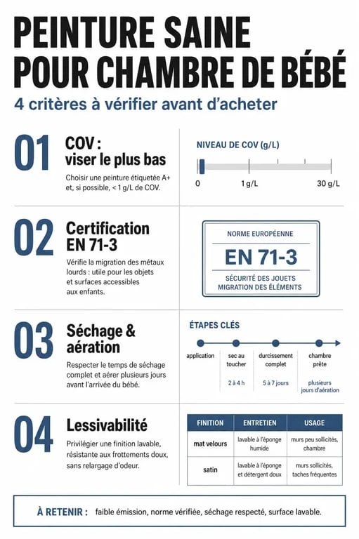 Infographie des critères de choix pour une peinture non toxique pour bébé : COV, normes et sécurité