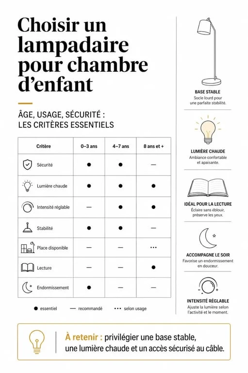 Lampadaire chambre enfant : comparaison visuelle des critères de choix selon l’âge et l’usage