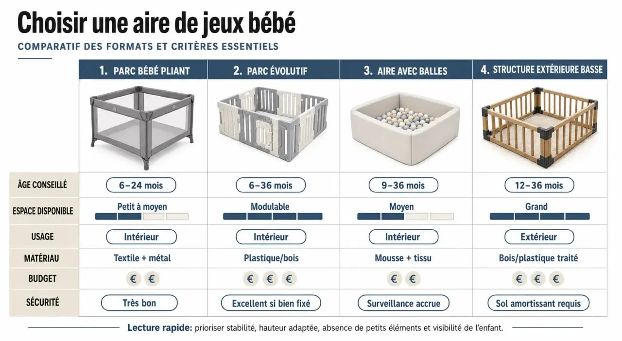 Comparatif d’aire de jeux bebe par âge, espace et sécurité