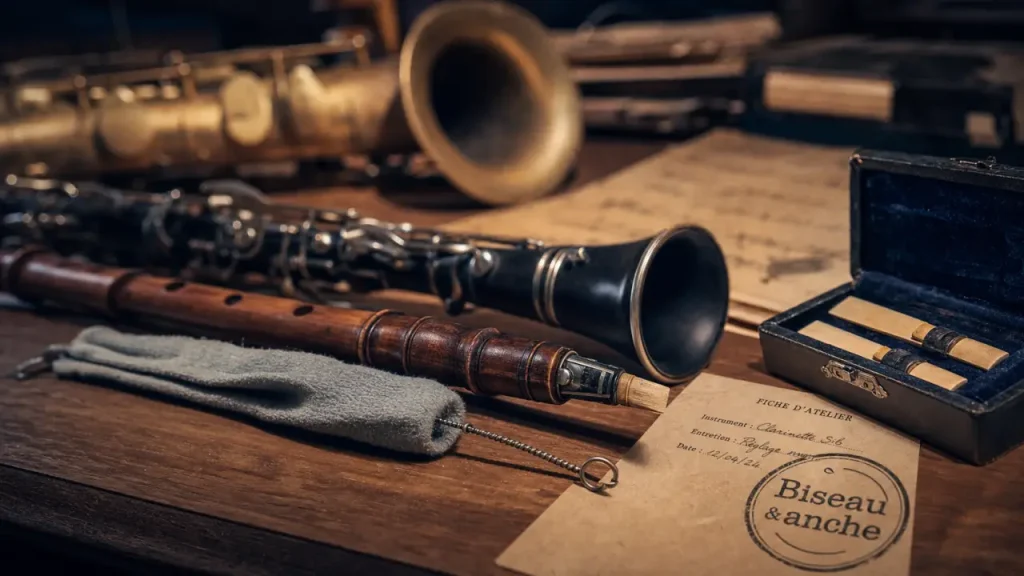 Instrument à vent en bois : biseau et anche simple/double sur clarinette