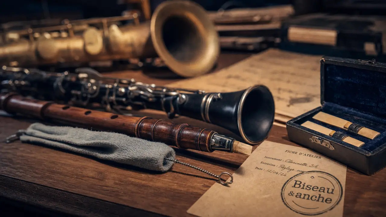Instrument à vent en bois : biseau et anche simple/double sur clarinette