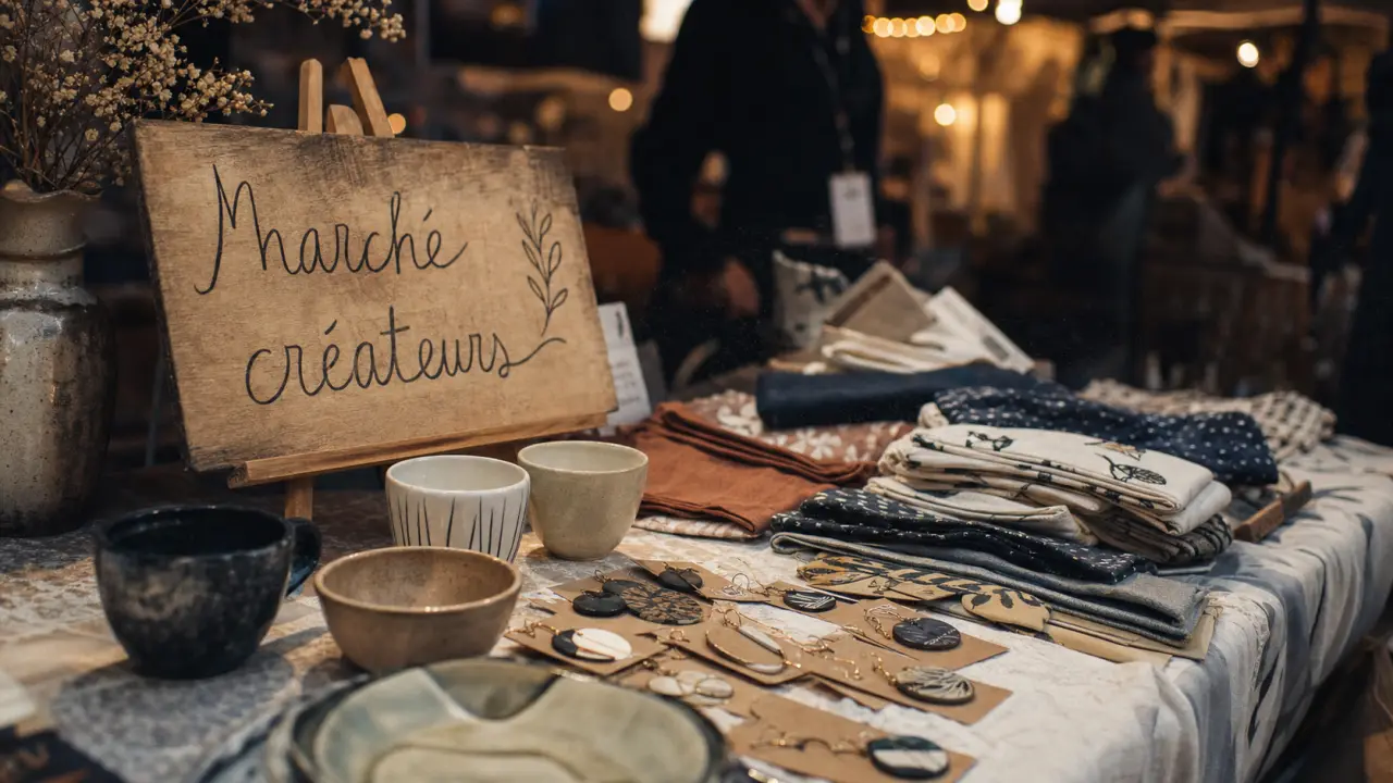 Marchés créateurs : table artisanale avec céramiques et bijoux faits main