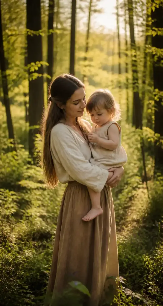Une mère et son enfant vêtus de fibres naturelles marchent en forêt au printemps