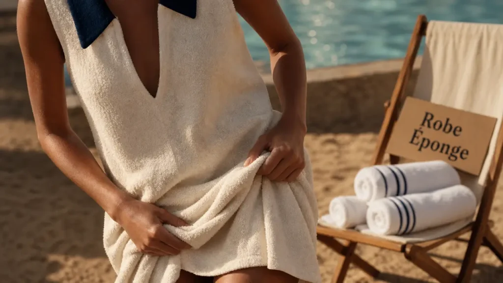 Robe eponge 70/80 sur une plage, gros plan texture bouclette
