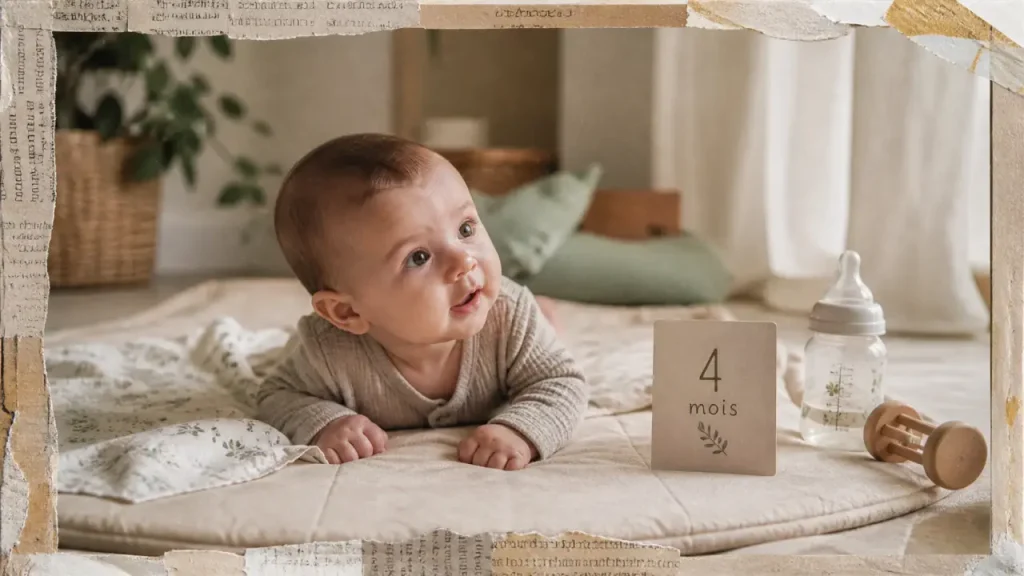 Bébé 4 mois sur un tapis d’éveil, développement et sommeil