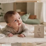 Bébé 4 mois sur un tapis d’éveil, développement et sommeil
