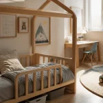 Chambre enfant garçon avec lit évolutif en bois clair et coin jeu
