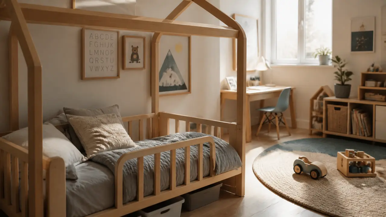 Chambre enfant garçon avec lit évolutif en bois clair et coin jeu