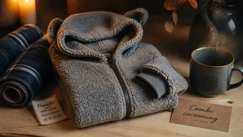 Combi pyjama en polaire grise, capuche et zippée