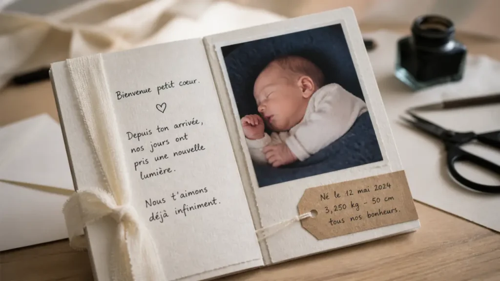 DIY faire part naissance sur papier rigide, photo nette et finitions sobres