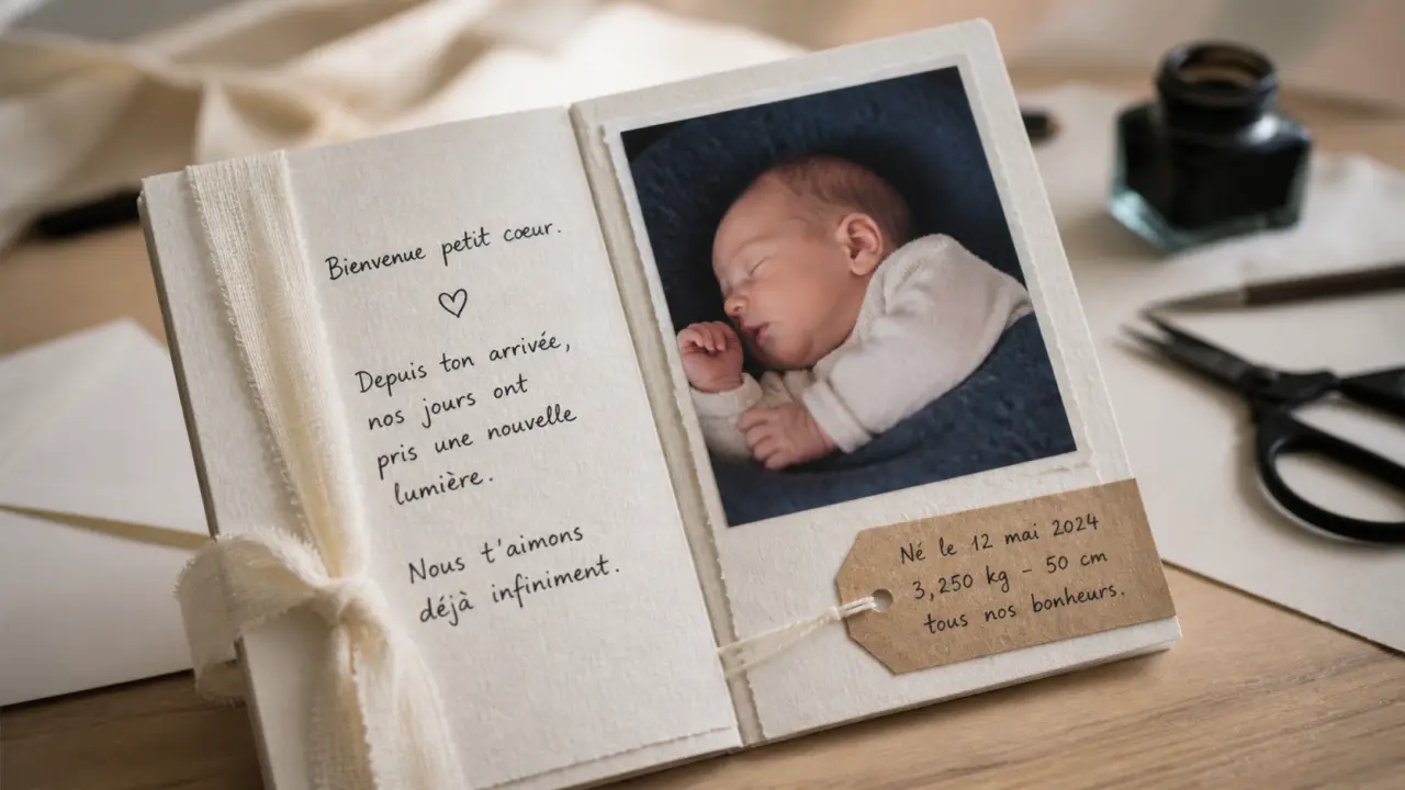DIY faire part naissance sur papier rigide, photo nette et finitions sobres