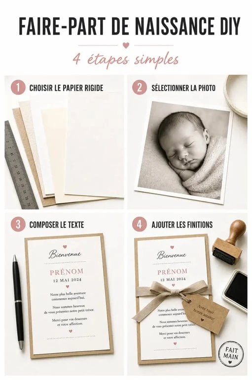 Tutoriel DIY faire part naissance avec papier, photo, texte et finitions artisanales
