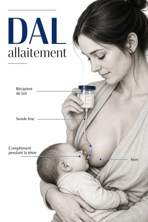 DAL allaitement illustré au sein avec sonde et récipient de lait