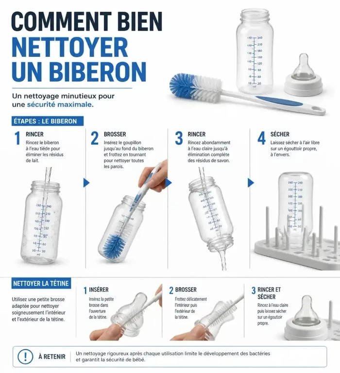 Méthode efficace pour nettoyer un biberon avec un goupillon biberon.