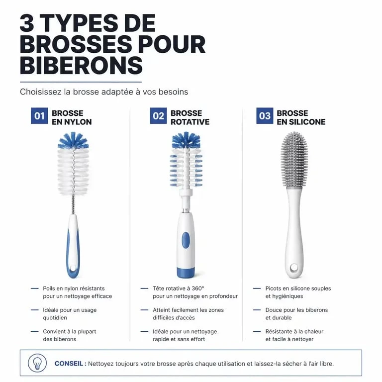 Comparatif des différents types de goupillon biberon : nylon, rotatif et silicone.