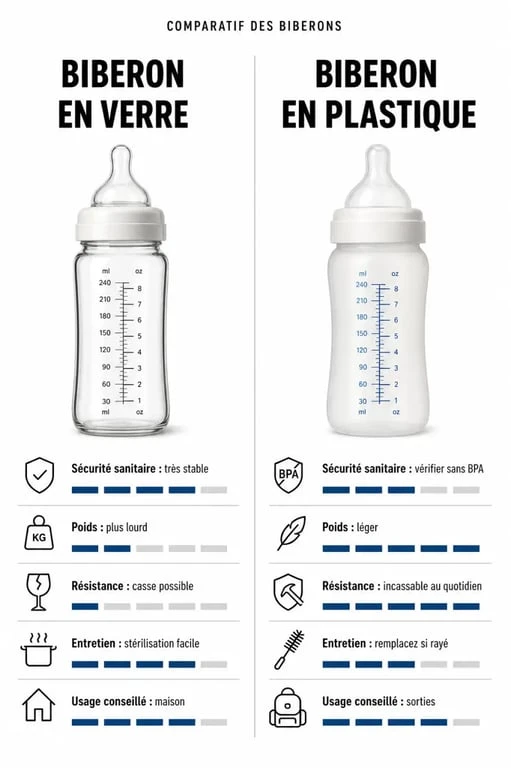 Biberon en verre ou en plastique : comparaison visuelle des avantages, inconvénients et usages