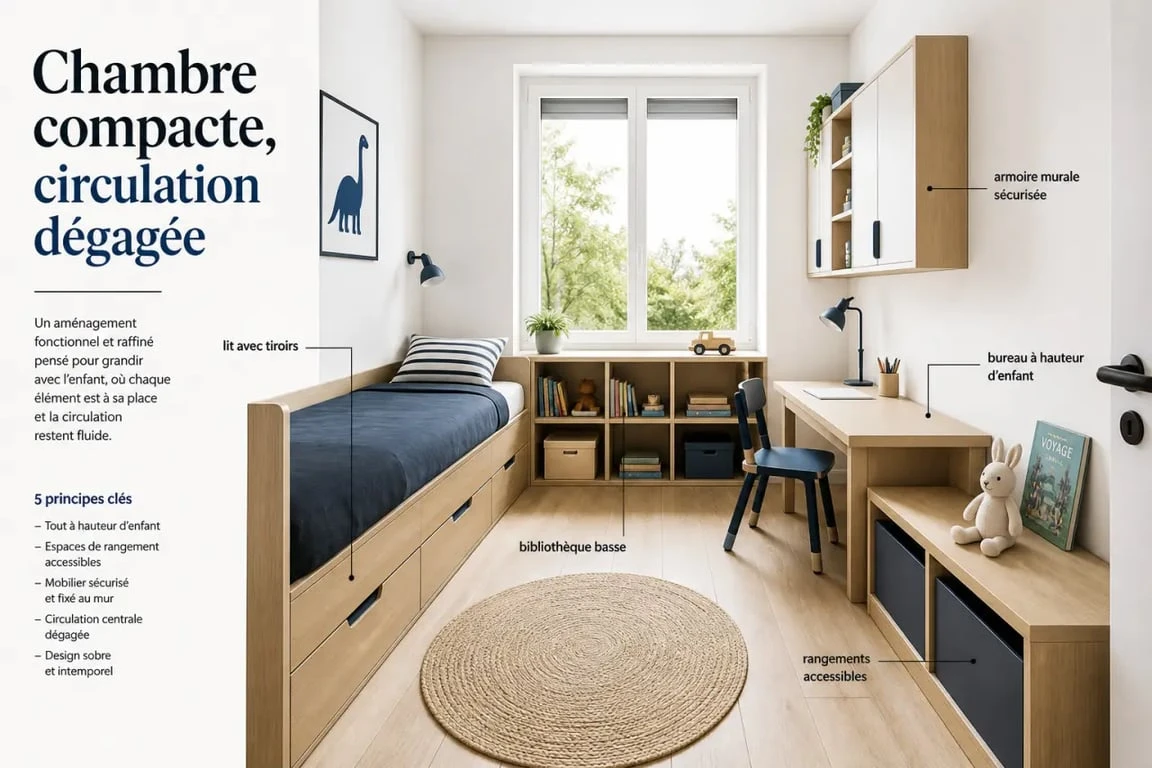 meuble chambre enfant : aménagement d’une chambre compacte avec lit à tiroirs, bibliothèque basse et bureau