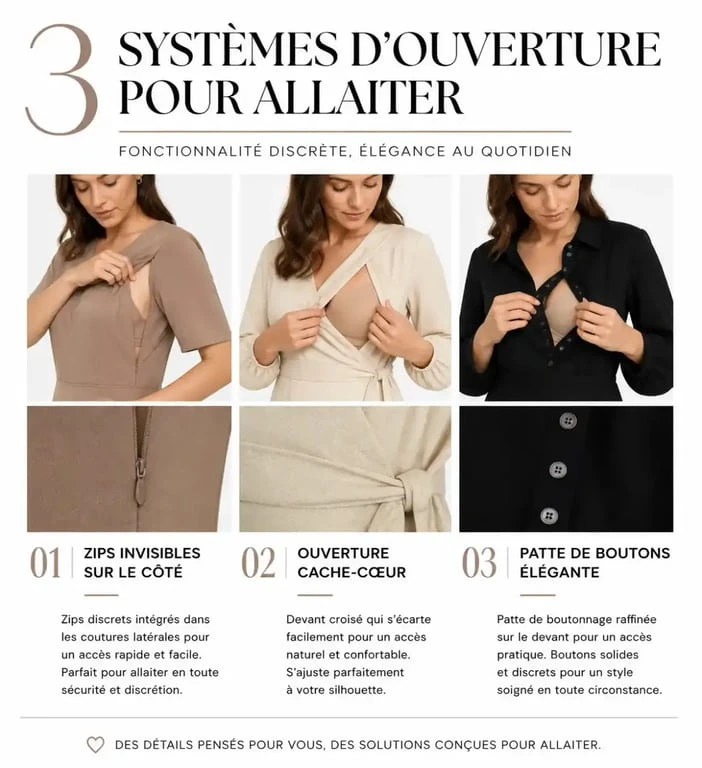 Détail des systèmes d'ouverture d'une robe allaitement : zips invisibles, cache-cœur et boutons