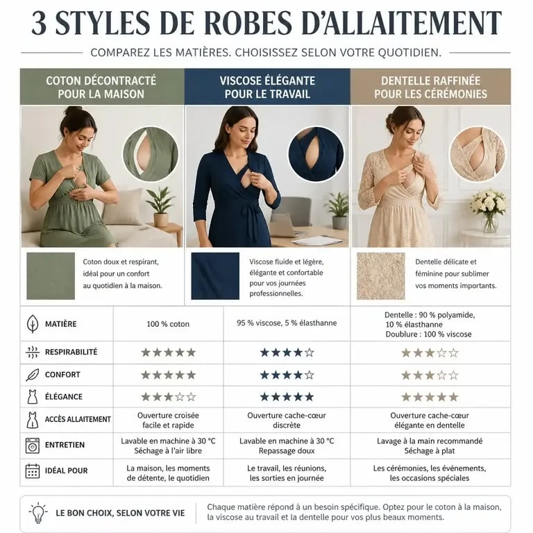Guide de sélection de robe allaitement selon l'occasion et la matière