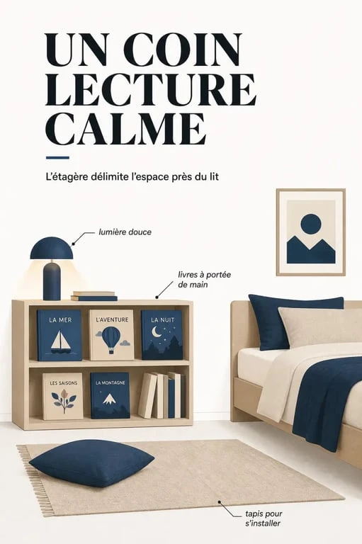 Coin lecture avec étagère chambre enfant près du lit et livres exposés