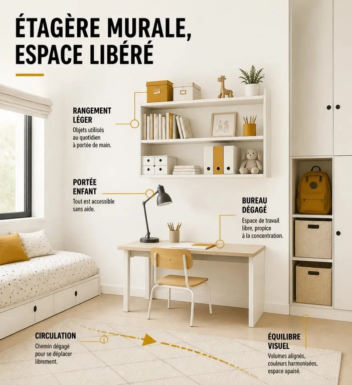 Étagère chambre enfant murale au-dessus d’un bureau dans une chambre d’enfant organisée