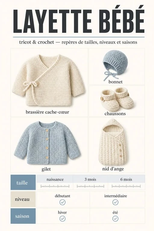 Modèle layette gratuit à télécharger avec comparaison des pièces bébé, des tailles et des niveaux