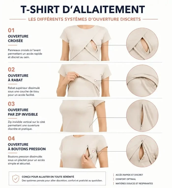 Schéma explicatif du fonctionnement d'un t-shirt d'allaitement avec ouvertures discrètes