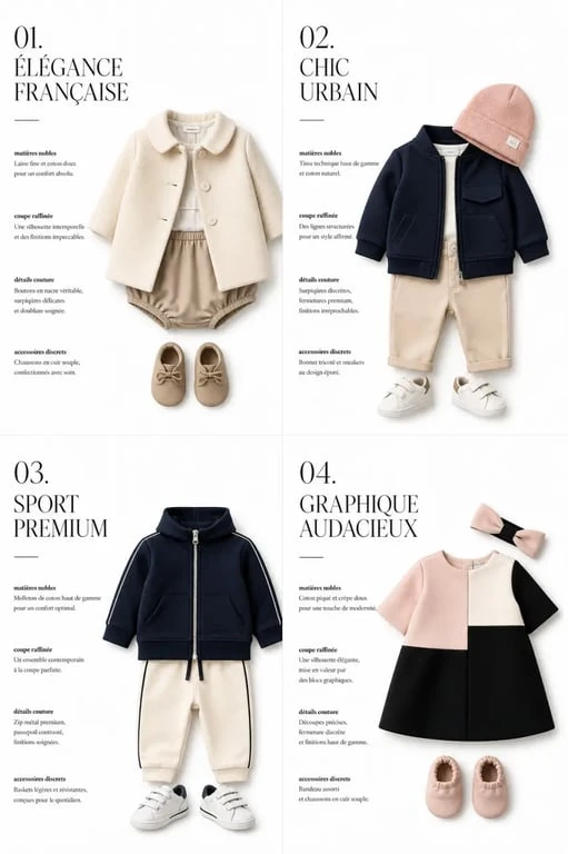 Vêtement bébé marque de luxe : composition éditoriale comparant plusieurs univers de marques premium