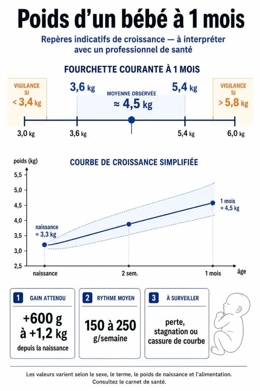 bebe 1 mois poids : repères visuels sur la fourchette normale, la prise de poids depuis la naissance et quand consulter