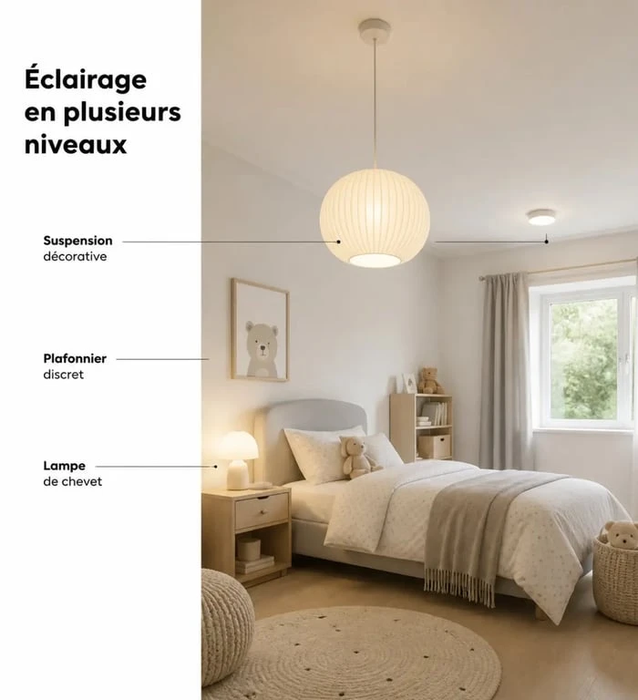 Lustre chambre enfant dans une chambre d’enfant avec suspension décorative et lampe de chevet pour un éclairage doux