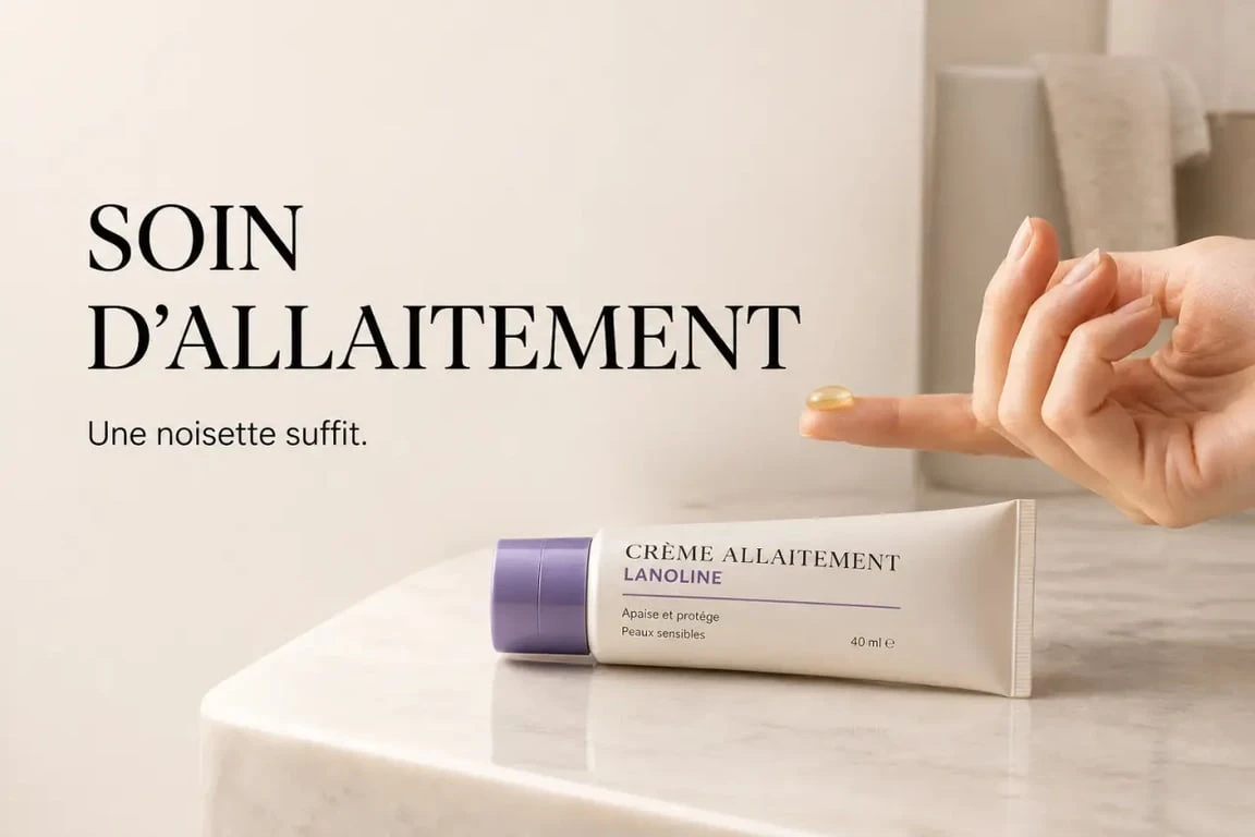 Crème allaitement Lansinoh : tube de lanoline et petite quantité appliquée au doigt avant la tétée