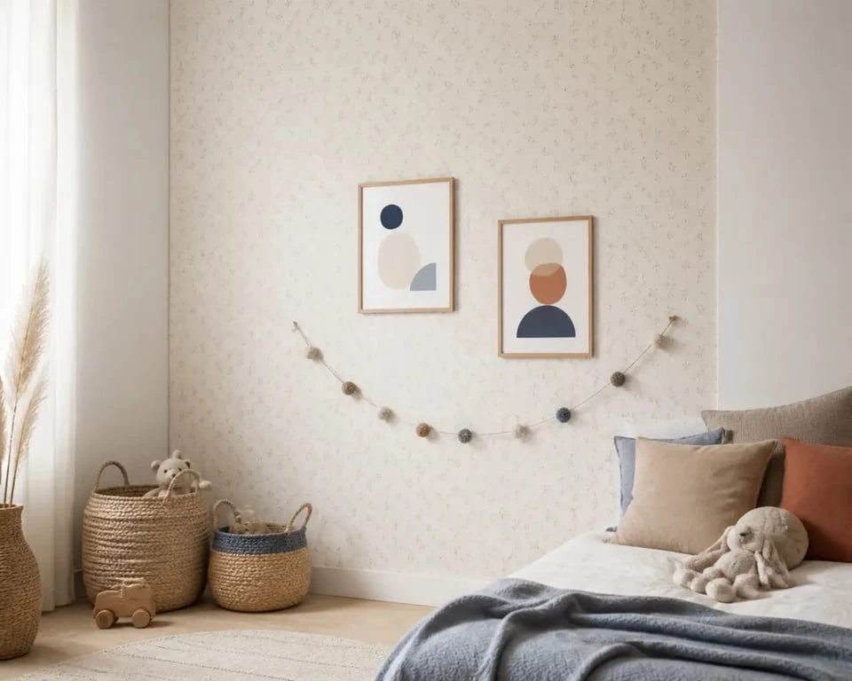 deco chambre enfant : mur décoratif évolutif avec cadres, textiles et rangements