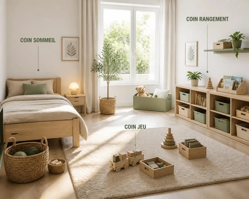 deco chambre enfant : chambre organisée en trois zones fonctionnelles avec ambiance douce