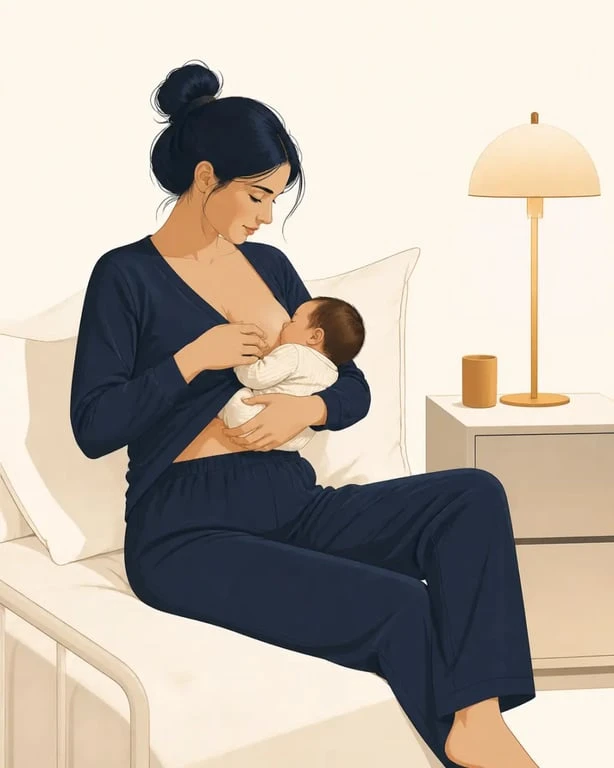 Pyjama allaitement porté la nuit par une mère qui allaite dans une chambre sobre