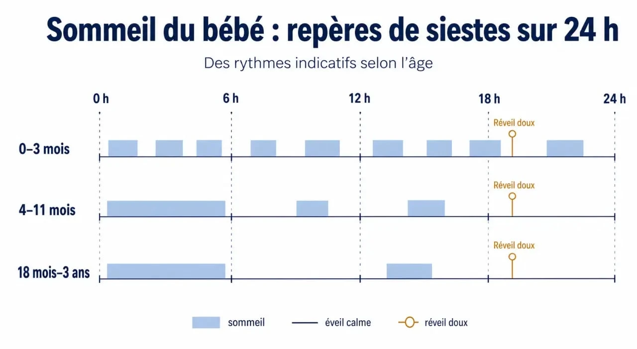 Faut il reveiller bebe sieste trop longue : frise des repères de sieste et de réveil selon l’âge