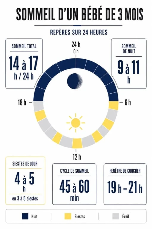 Infographie sur le temps sommeil bébé 3 mois avec repères jour nuit et cycles