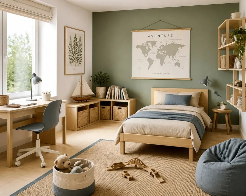 Chambre enfant garçon chaleureuse et modulable avec lit en bois, rangements bas et bureau compact
