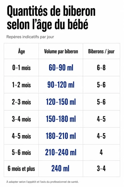 Quantite biberon age : tableau visuel des volumes de lait et du nombre de biberons selon l’âge du bébé