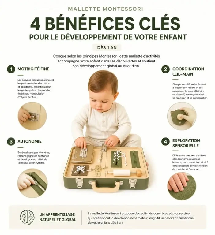 Bénéfices développementaux d'une malette Montessori pour enfant de 1 an : motricité et autonomie