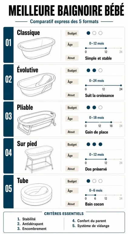 Infographie comparative de la meilleure baignoire bébé avec types, budgets et critères de choix