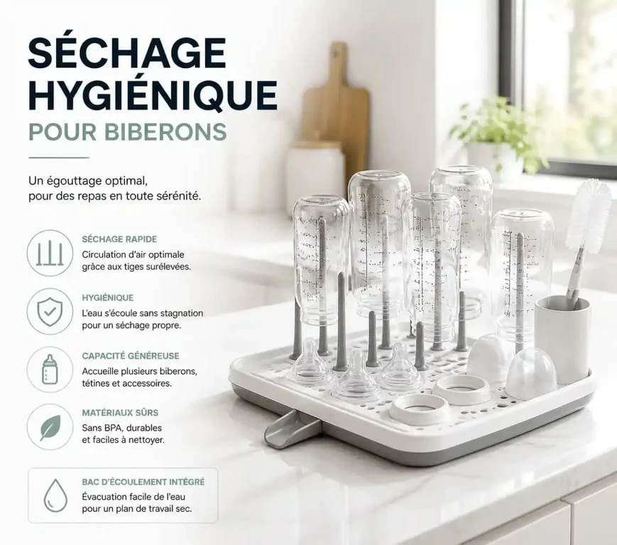 Égouttoir biberon moderne et organisé sur un plan de travail de cuisine