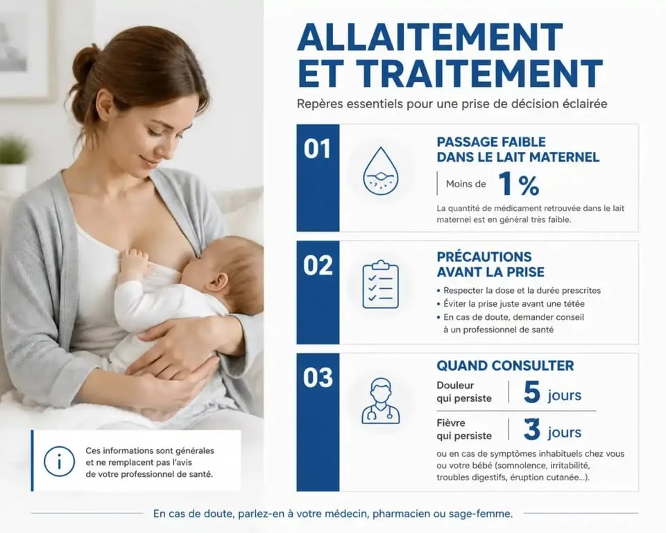 Ibuprofene allaitement : schéma éditorial sur le faible passage dans le lait maternel, les précautions et les signaux d’alerte